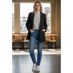 Express Womens Double Breasted Longline Blazer Black Peak Lapel XS  Tuxedo Tux